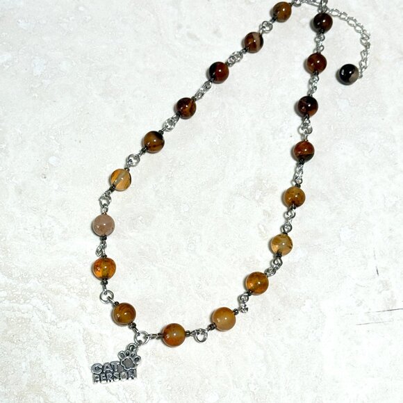 Genuine Earthy Carnelian Agate Short Necklace, Gemstone & Cat Person Paw Print - Picture 7 of 15